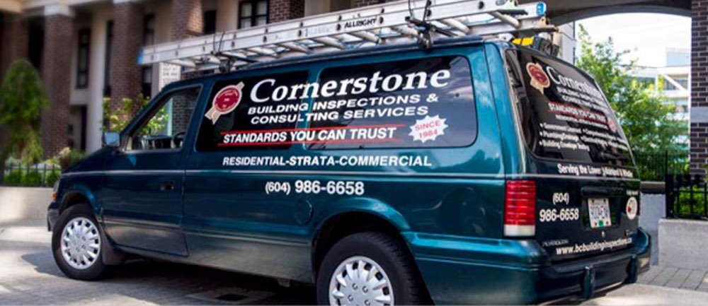 Cornerstone Building Inspections service van with the 'Standards you can trust' slogan
